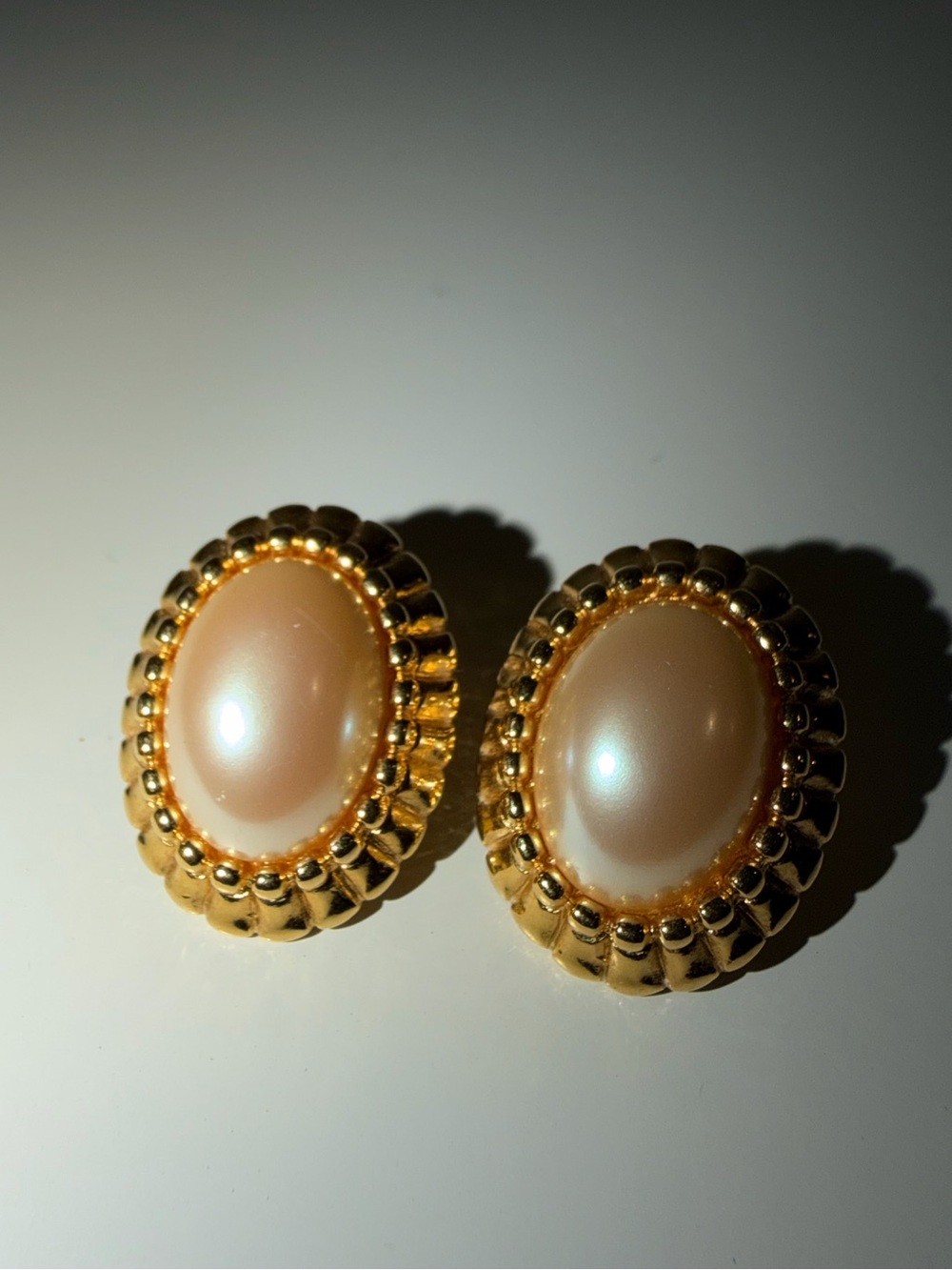Vintage Monet Faux Pearl With Gold-Tone Textured Trim Clip-On Earrings